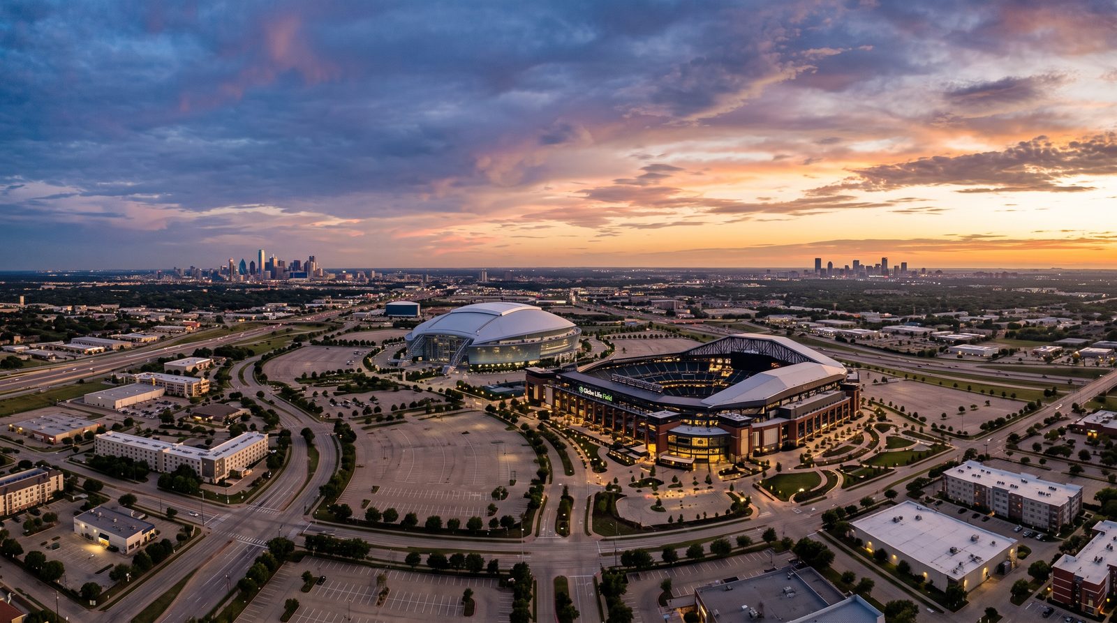 Arlington, Texas skyline at dusk
