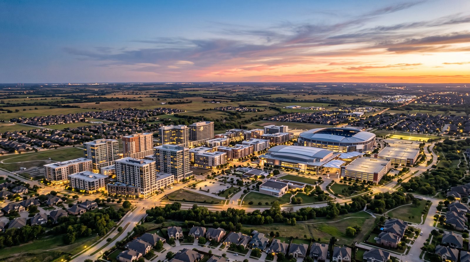 Frisco, Texas skyline at dusk