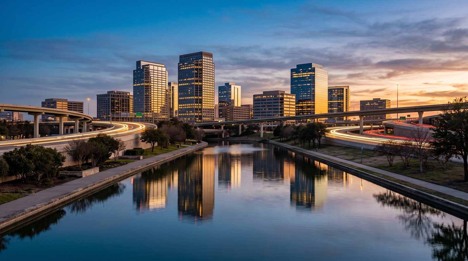 Irving, Texas skyline at dusk
